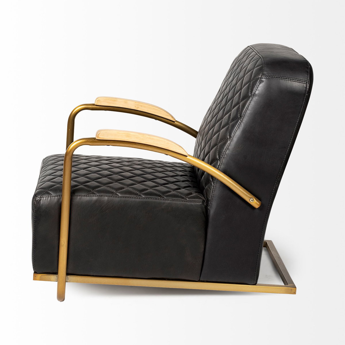 Horace I Black Leather Diamond Pattern with Gold Iron Frame Accent Chair, by Mercana, 26" length x 35.5" width x 31.25" height View 7