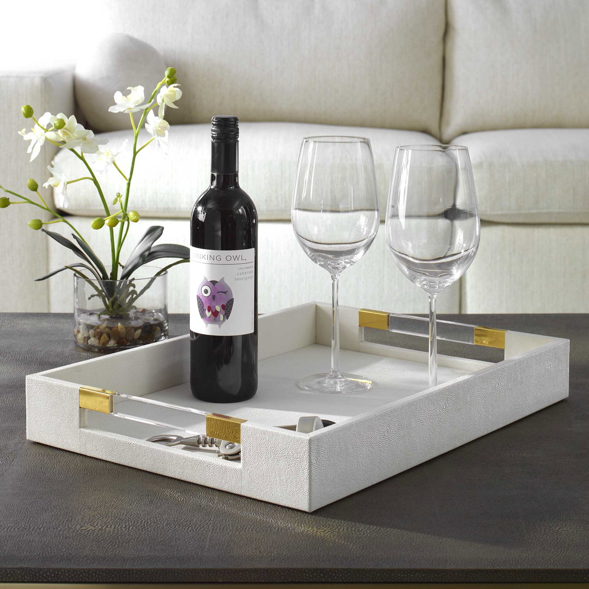Wessex White Shagreen Tray, Decorative Tray by Uttermost, 19" width x 2.62" height x 13.87" depth View 2