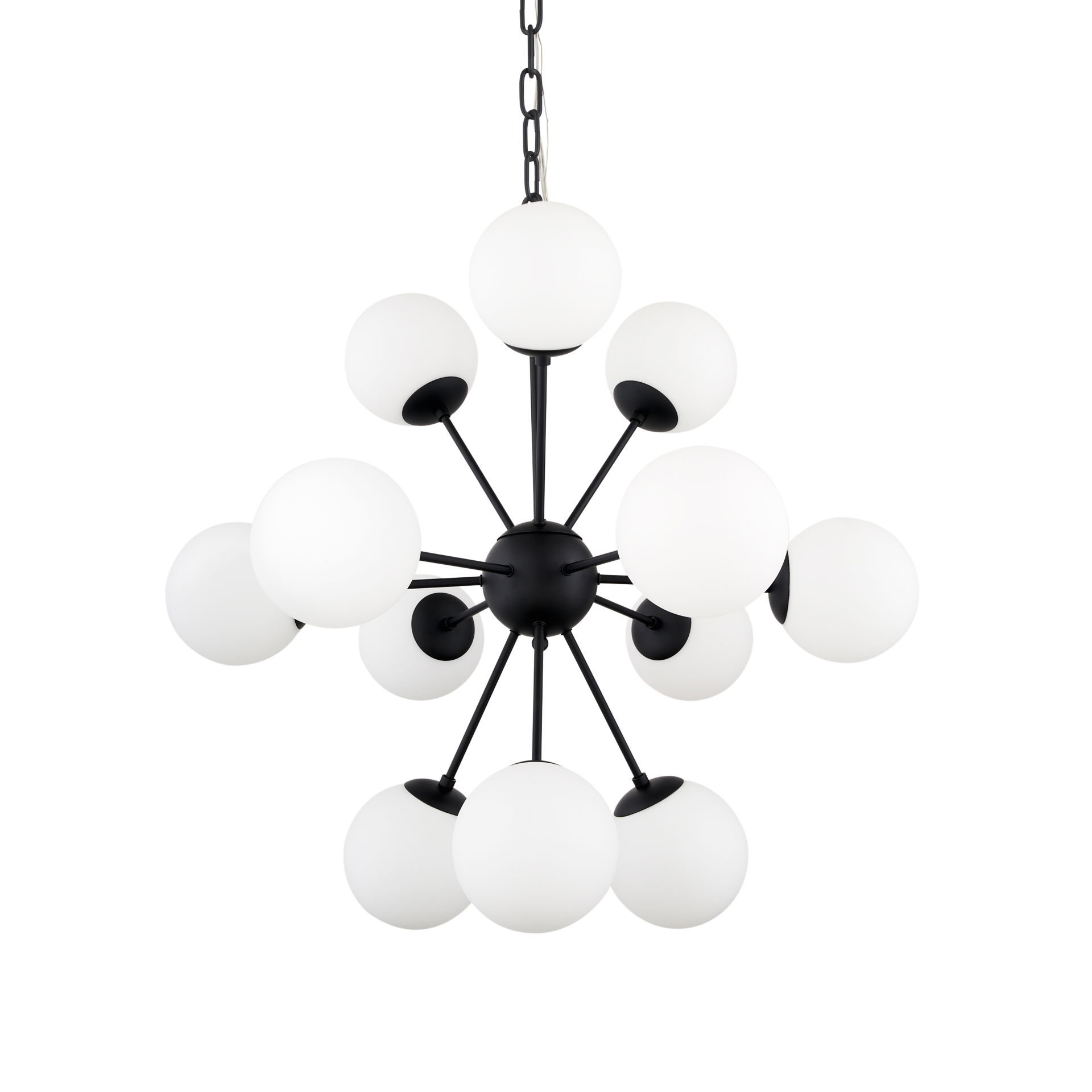 Barbara Matte Black Metal with Frosted Glass Globes 11-Light Chandelier, by Mercana, 31.5" length x 31.5" width x 31.5" height View 1