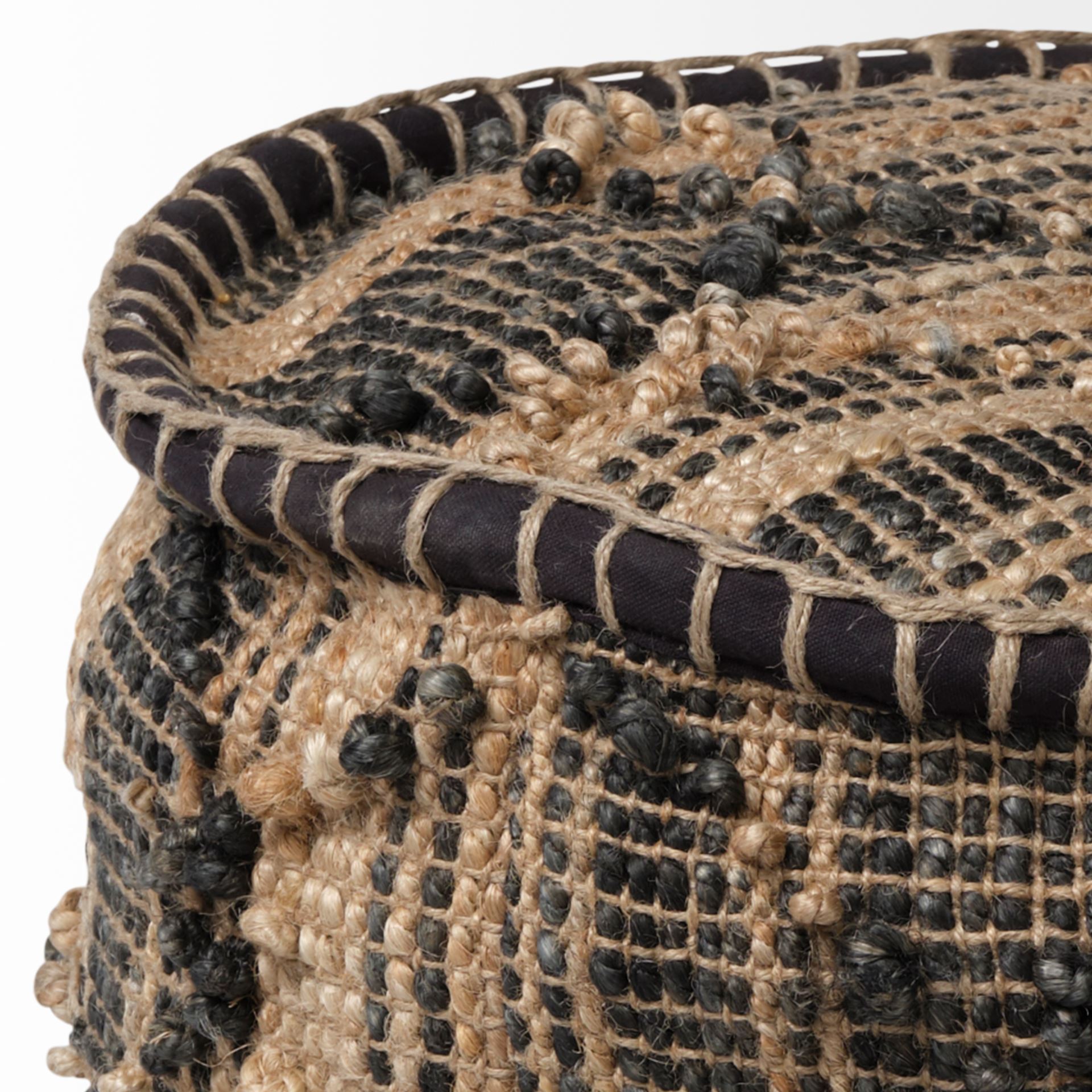 Riley Tan Jute Popcorn Stich Cylindrical Pouf, Ottoman by Mercana, 20" length x 20" width x 18" height View 3