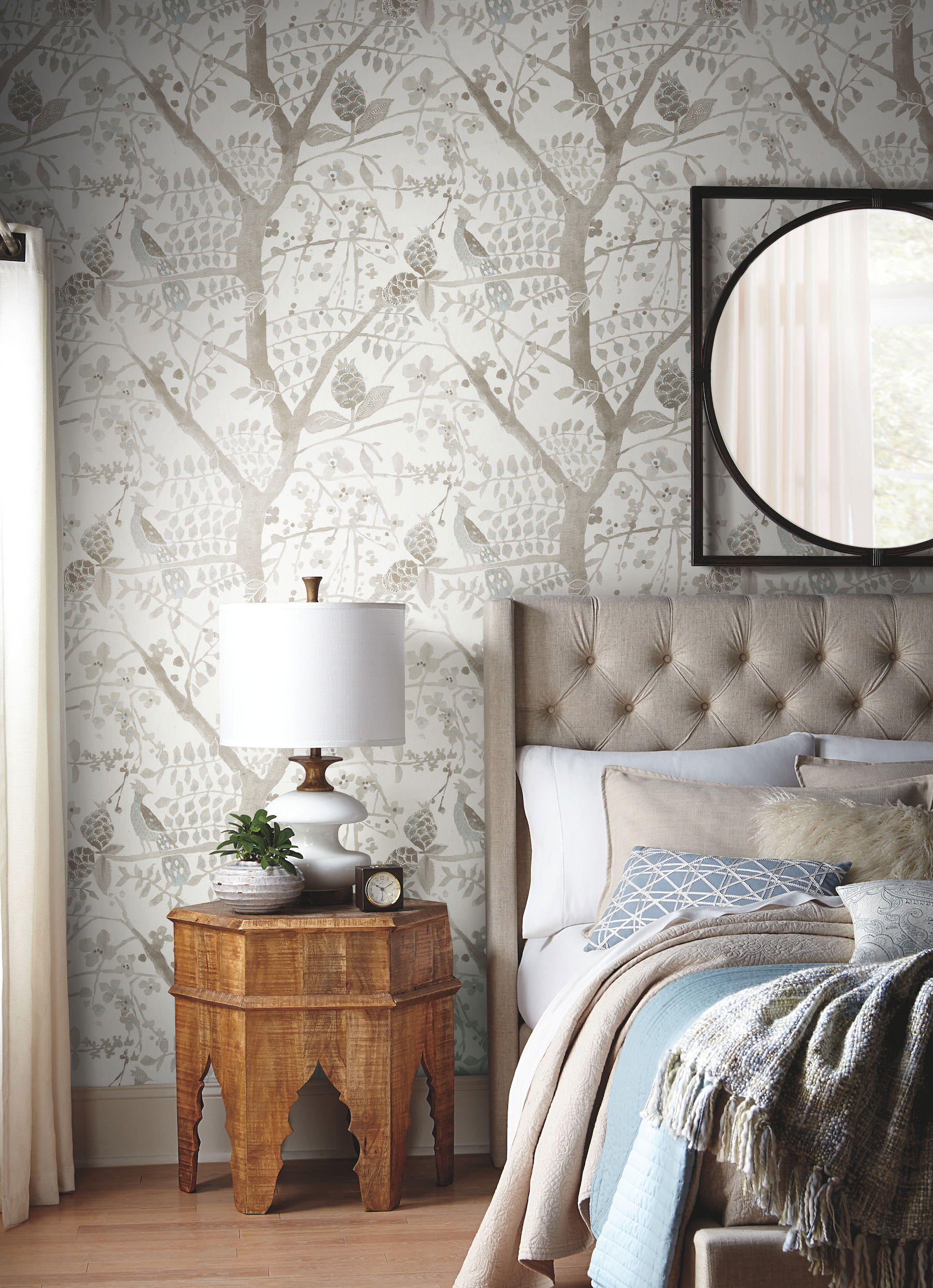 Peacock Block Print Off White Wallpaper large image 