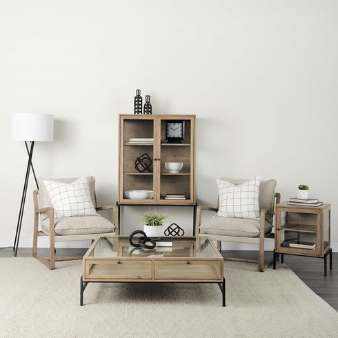Brayden 28.3L x 34.1W x 35H Light Brown Wood with Beige Fabric Seat Accent Chair