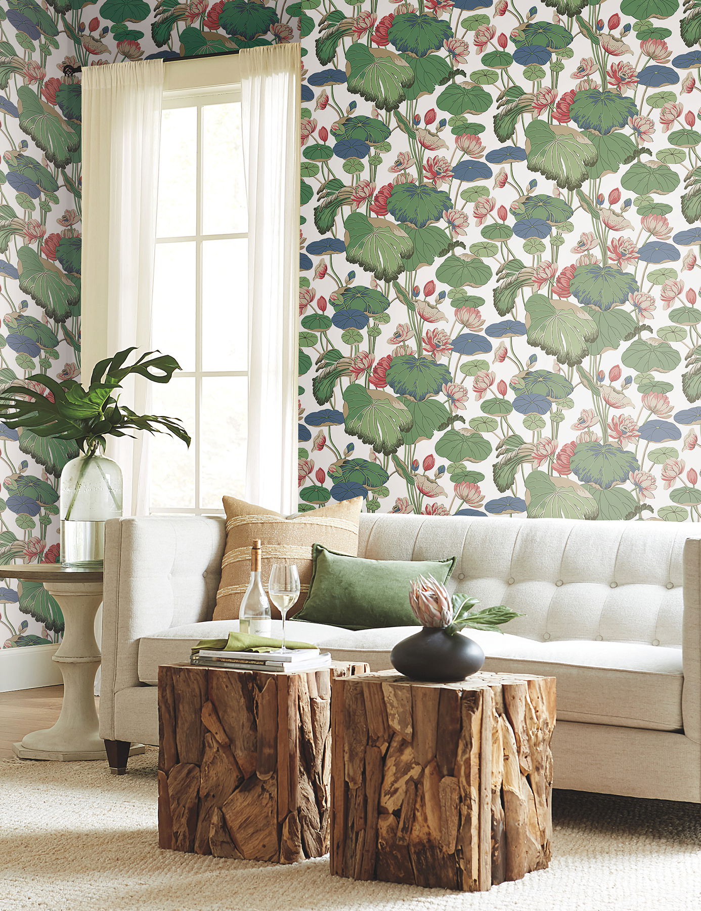 Lotus Pond Green & Pink Wallpaper large image 