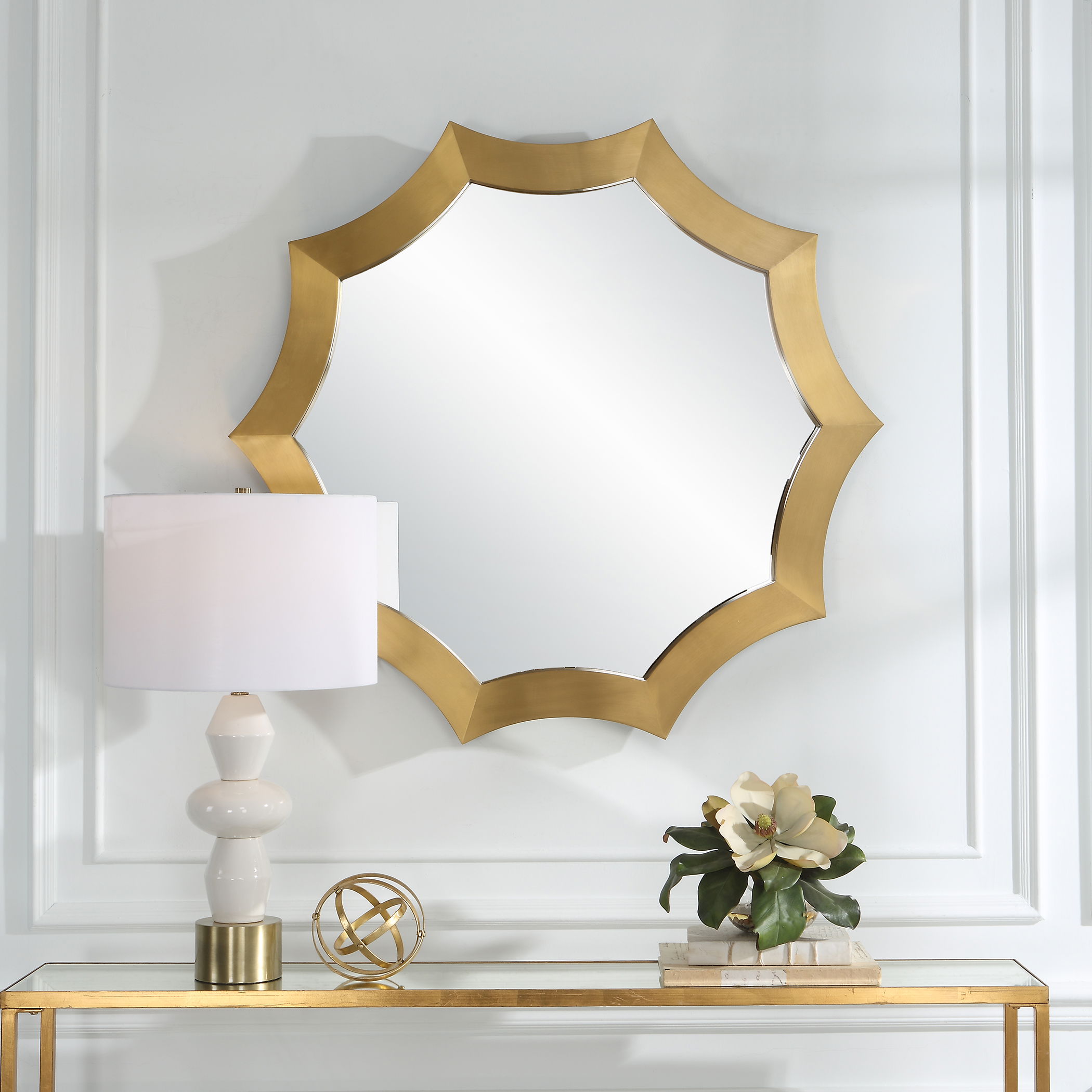 Flare Brushed Brass Round Mirror large image 