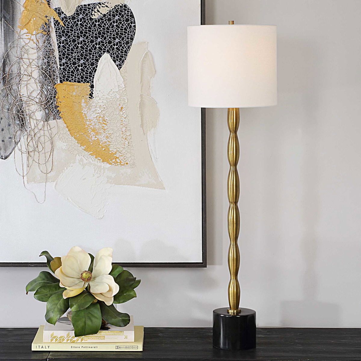 Ezra Brass Buffet Lamp, Table Lamp by Uttermost, 9" width x 37" height x 9" depth View 2