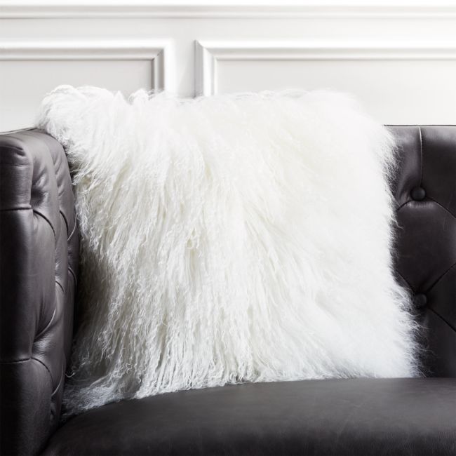 Online Designer Living Room 16" Mongolian Sheepskin White Fur Pillow with Down-Alternative Insert