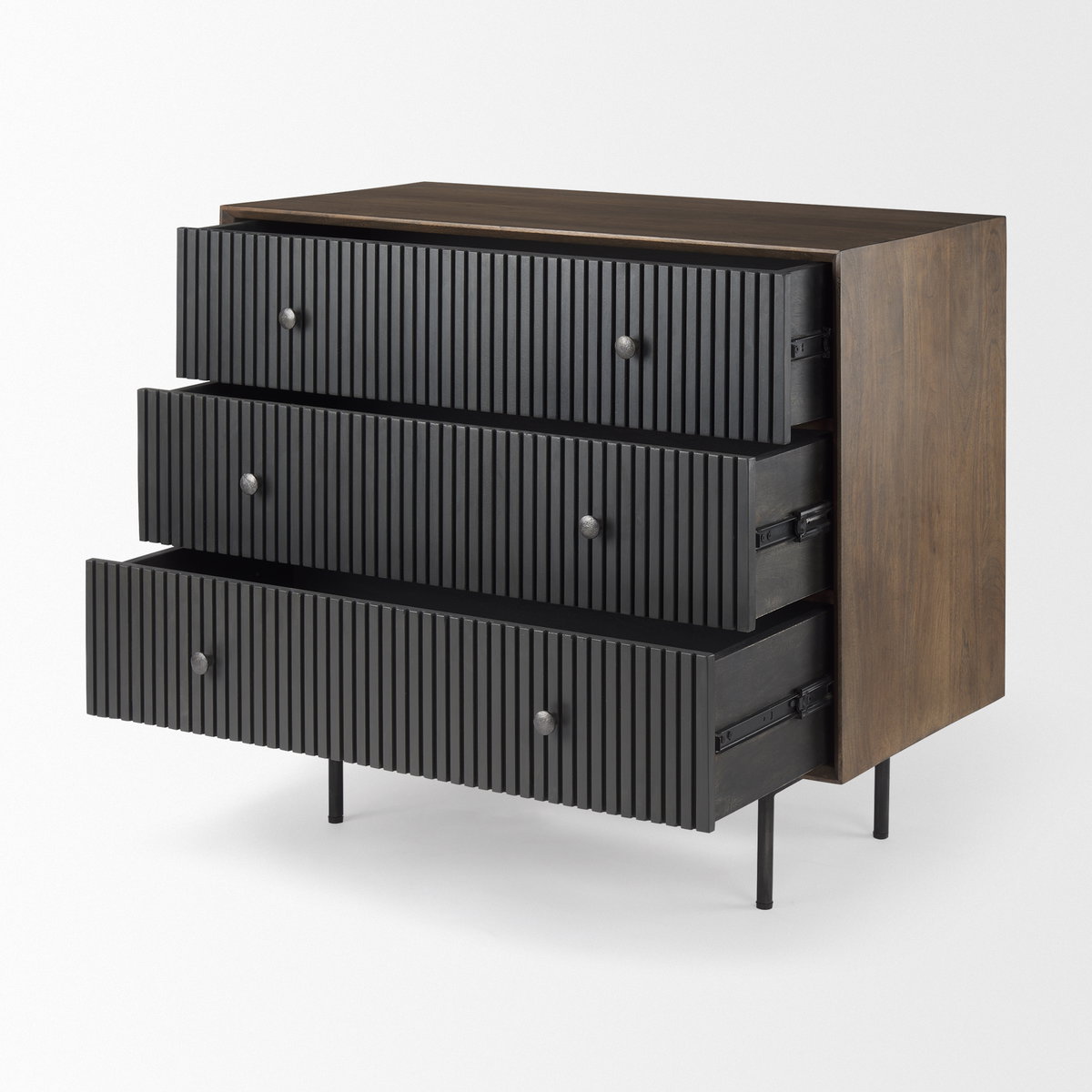 Grace  Medium Brown Wood with Black Metal Frame 3 Drawer Accent Cabinet, Cabinets & Chest by Mercana, 35.5" length x 18" width x 31" height View 9