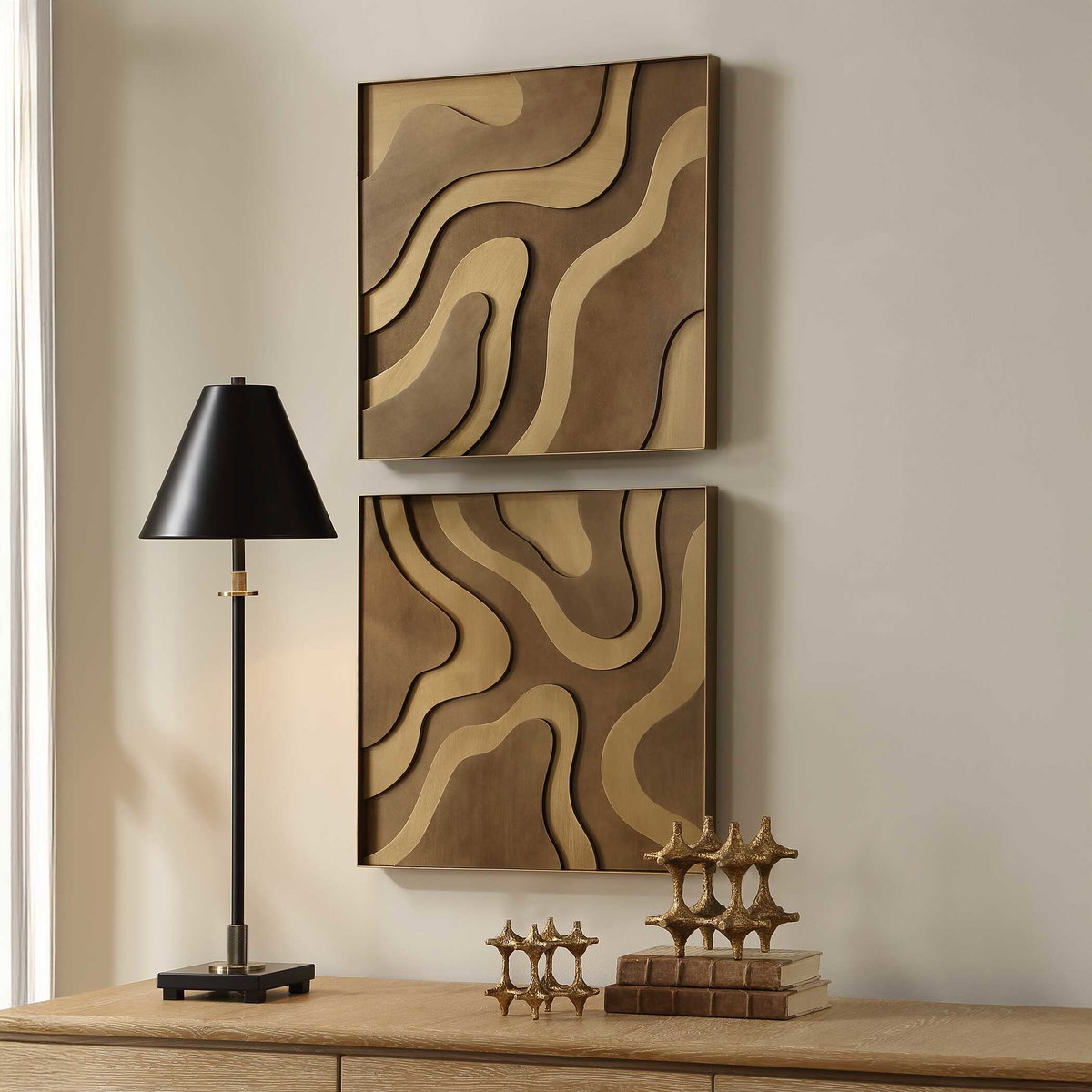 Golden Terrain Wooden Wall Decor Set/2, Sculptural Wall Art by Uttermost, 19.87" width x 19.87" height x 1.62" depth View 3