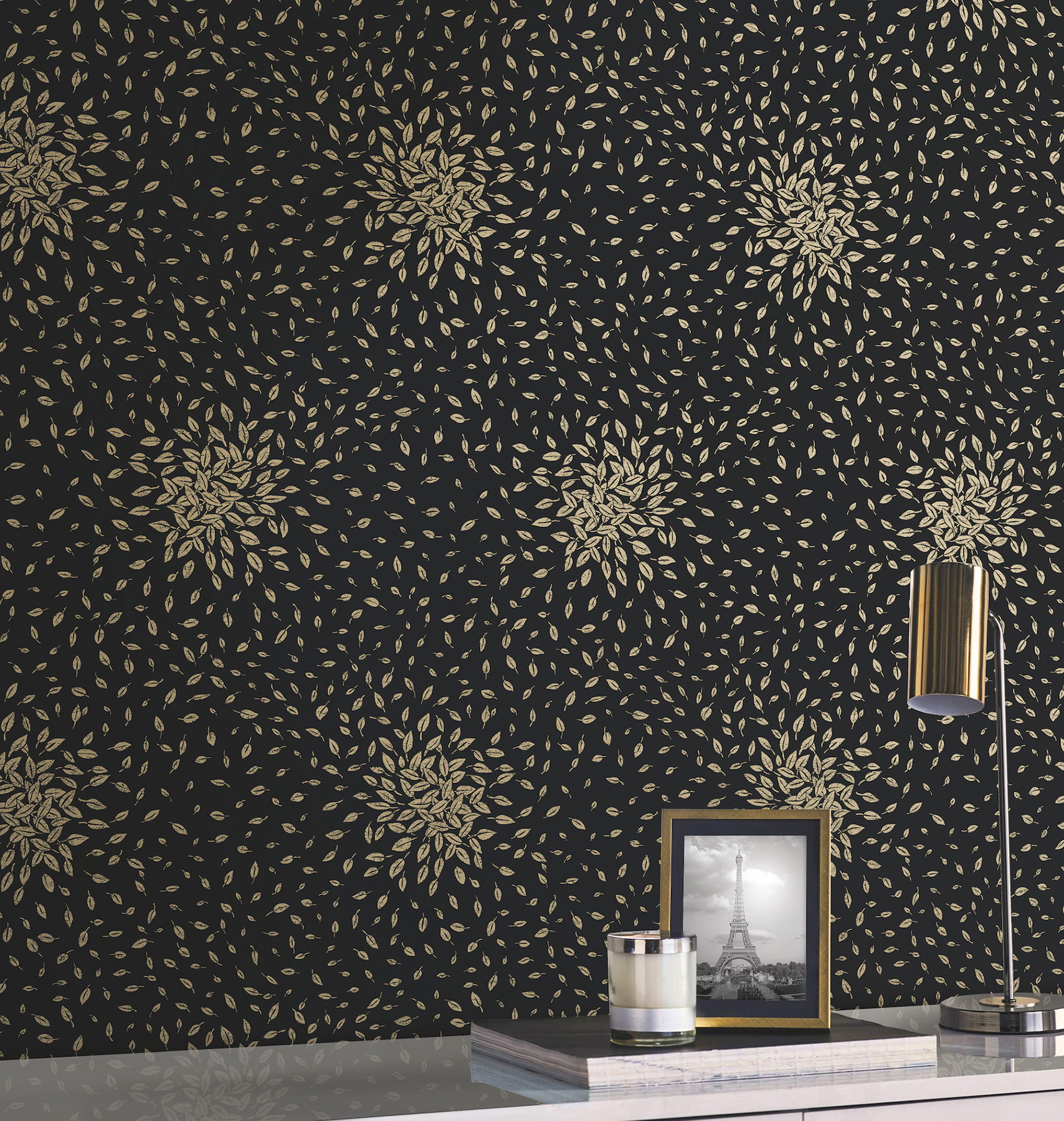 Petite Leaves Black & Gold Wallpaper large image 