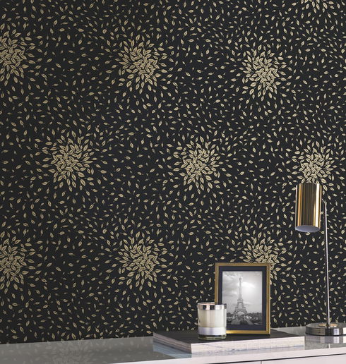 Petite Leaves Black & Gold Wallpaper