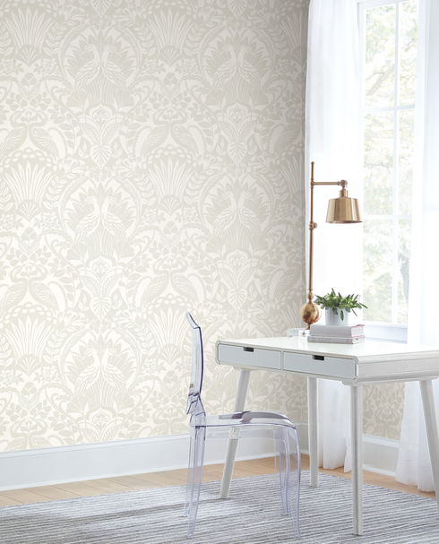 Egret Damask Taupe Wallpaper