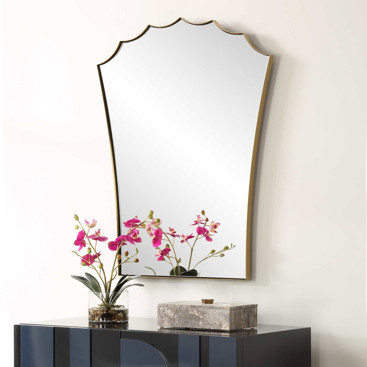 Monarch Scalloped Arched Vanity Mirror, by Uttermost, 2' width x 2'6.5" height x 1" depth View 4