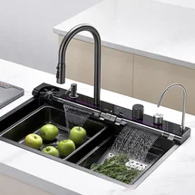 Online Designer Kitchen KS2207 Lefton 304 Stainless Steel Kitchen Workstation Sink with Pull-down Faucet, Grey KS2207