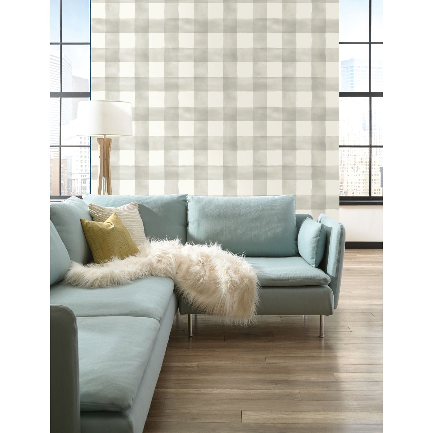 Watercolor Check Grey & White Wallpaper, by York Wall, 33' length x 1'8.5" width x 0.02" depth View 2