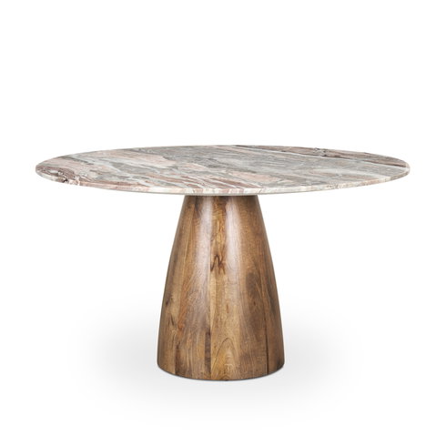 Allyson 54" Round Pedestal Dining Table | Savar Pink Marble & Brown Wood | Seats 6