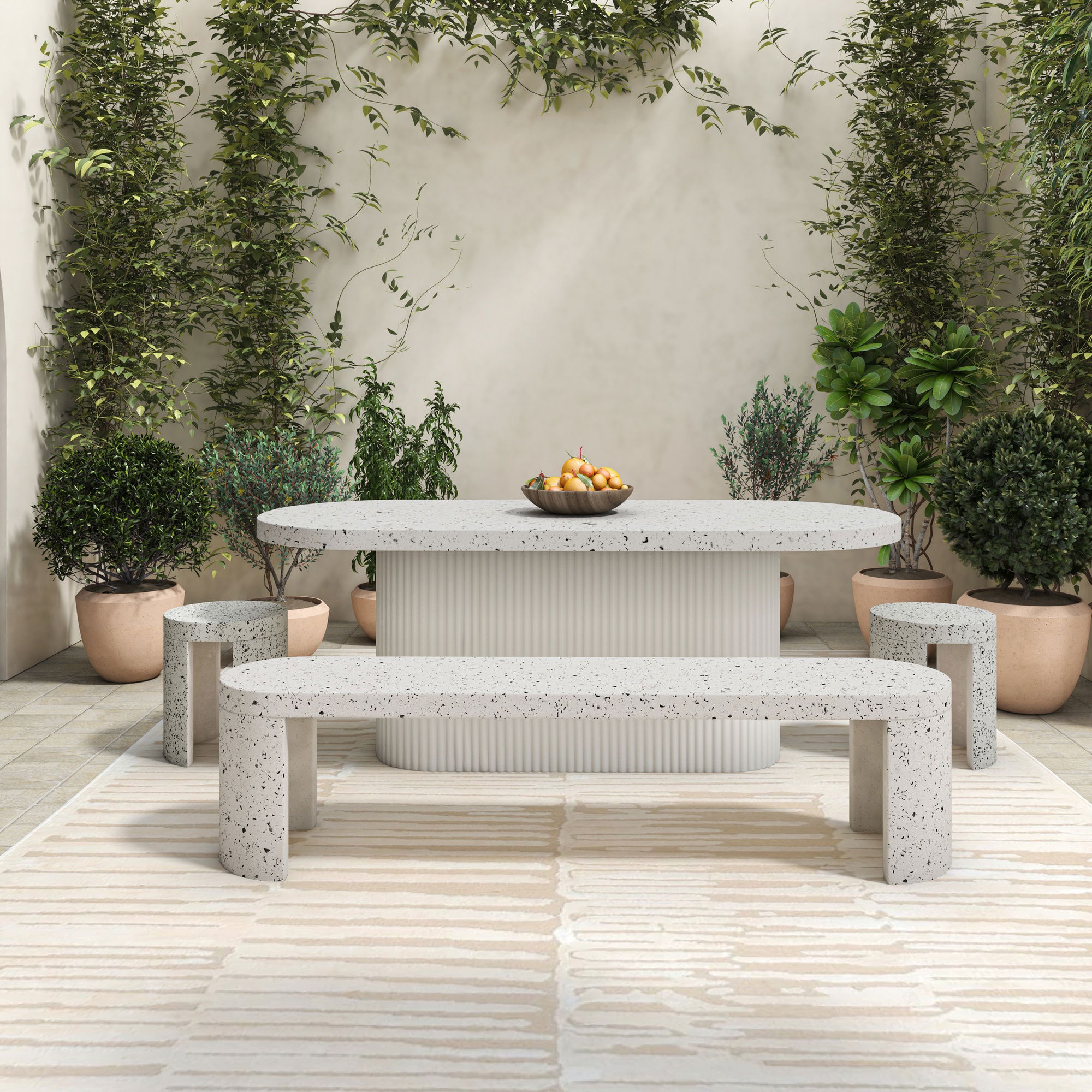 Lyon Outdoor Bench White Terrazzo, by Moe's Home, 5'10.9" width x 1'5.7" height x 1'3" depth View 12