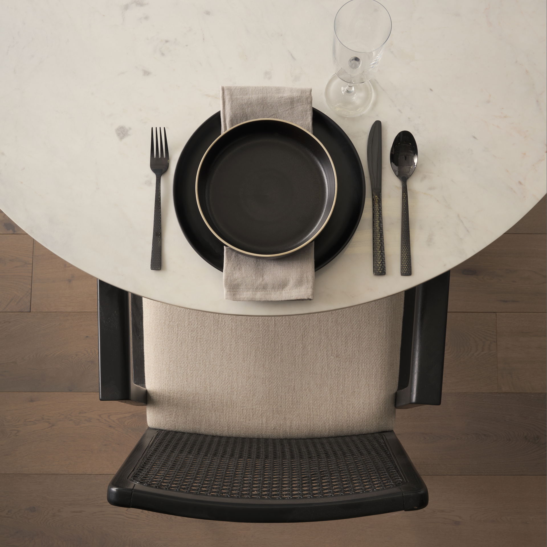 Clara Black Wood with Cream Fabric Seat and Cane Back Dining Chair, by Mercana, 22.5" length x 23.5" width x 33.75" height View 3