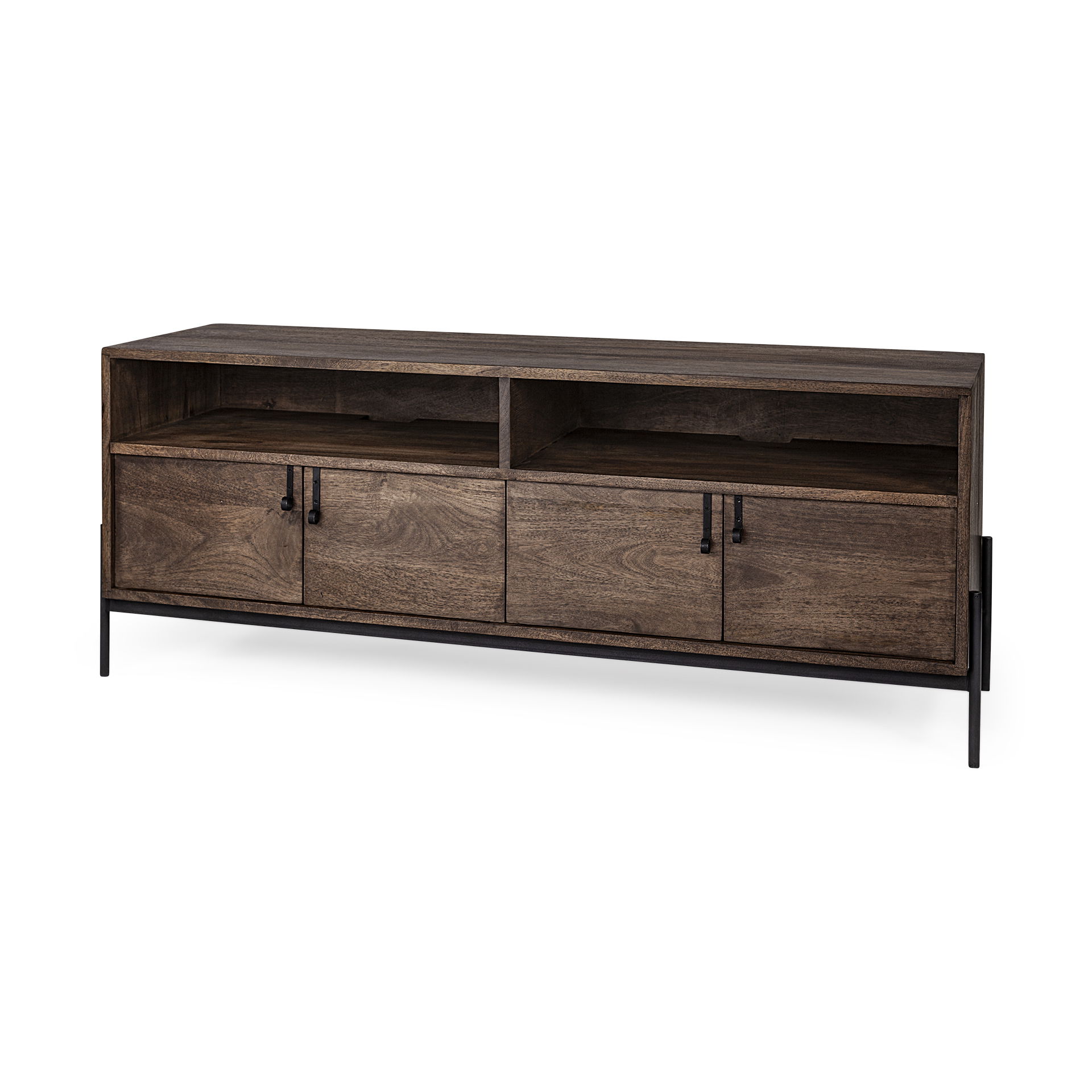 Glenn IV Dark Brown Wood with Black Iron Frame Media Console with Storage, TV Stand for TV up to 71', by Mercana, 61.5" length x 18" width x 24" height View 1