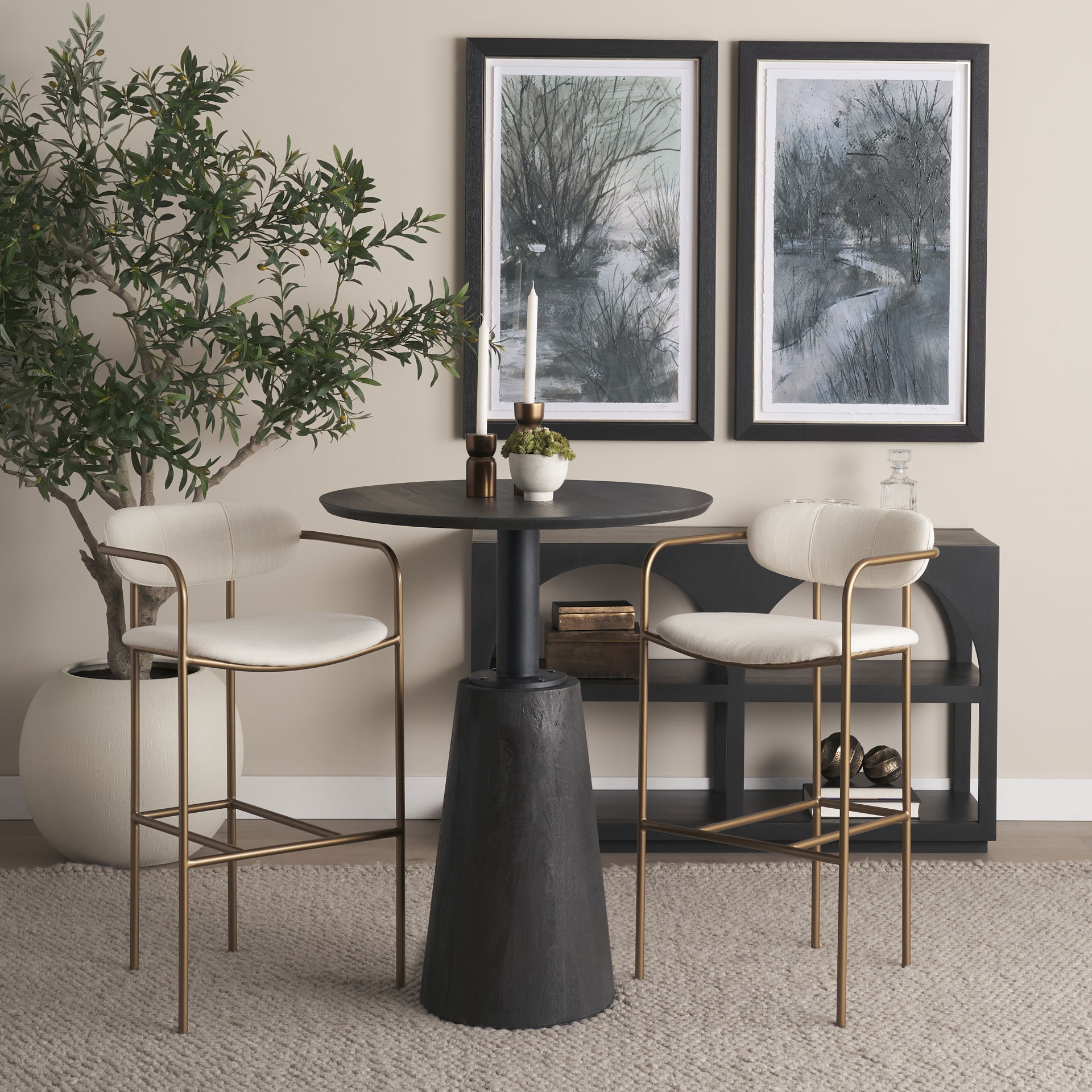 Parker 30' Seat Height Cream Fabric Seat Gold Metal Bar Stool, Counter & Bar Stool by Mercana, 19" length x 19.75" width x 40" height View 2