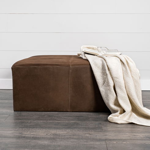 Minara 36" Square Brown Leather Wrapped with Wood Base Ottoman
