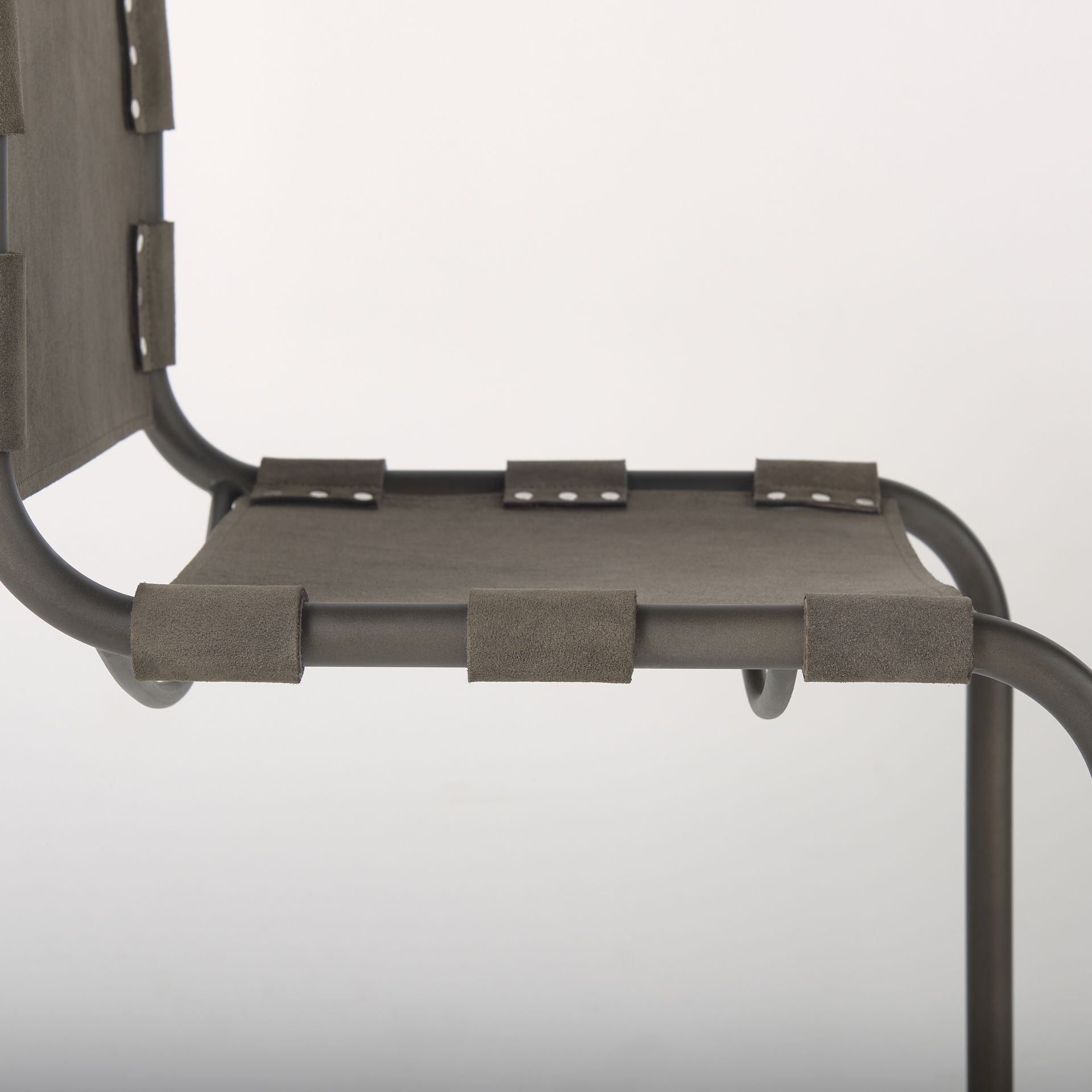 Berbick 33' Total Height Brown/Gray Suede with Iron Frame Dining Chair, by Mercana, 20.5" length x 24" width x 33" height View 10