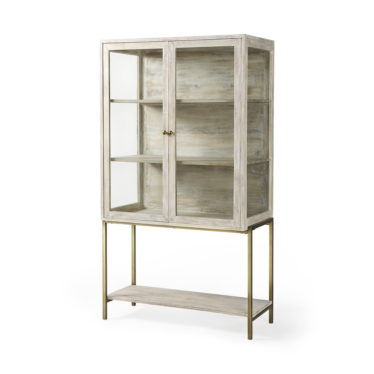 Arelius 36L x 18.75W x 63H White Wood with Gold Metal Base Display Cabinet, Cabinets & Sideboard by Mercana, 36" length x 18.75" width x 63" height View 1