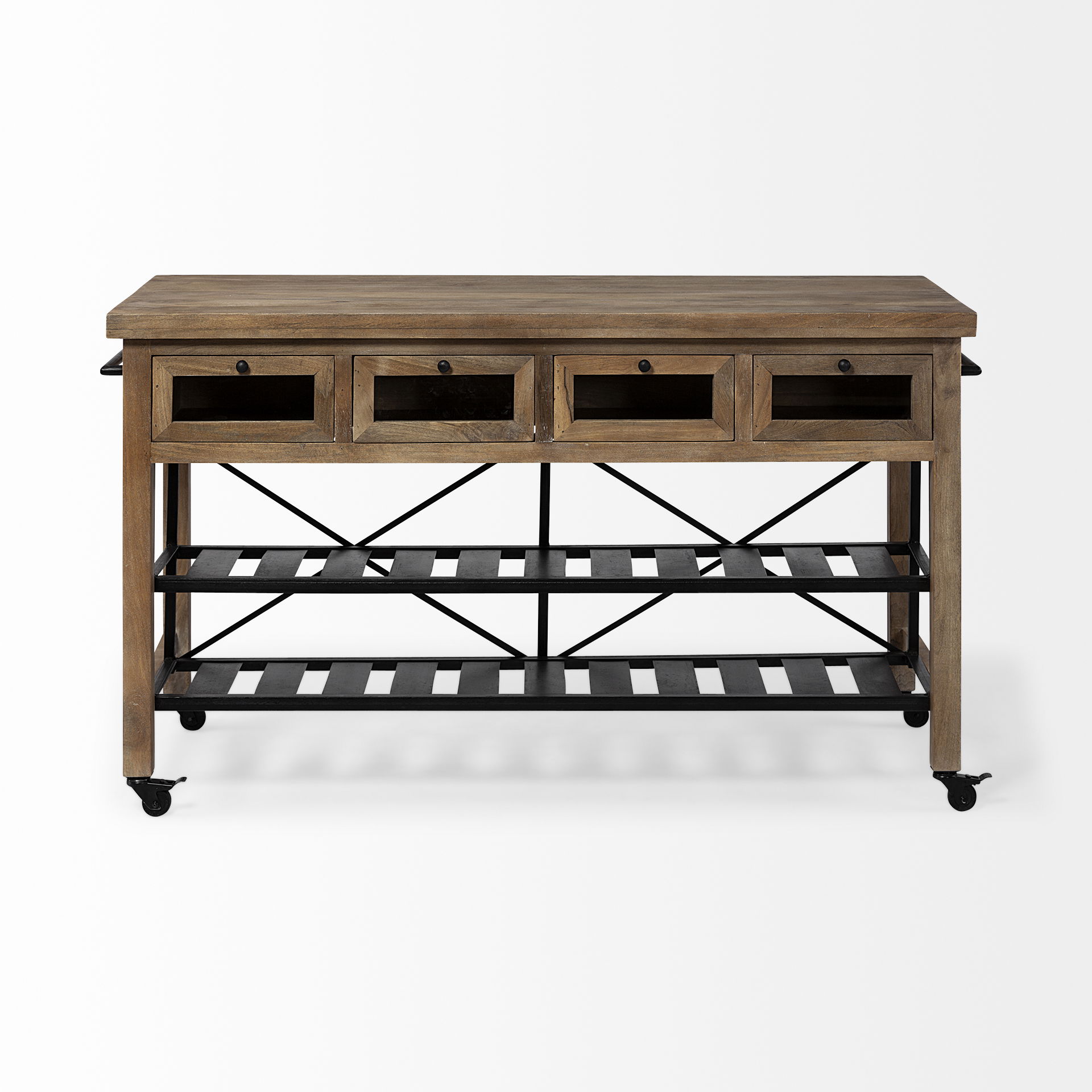 Stuart I Brown Solid Wood Top Two-Tier Black Metal Rolling Kitchen Island, by Mercana, 28" length x 63" width x 34.75" height View 4