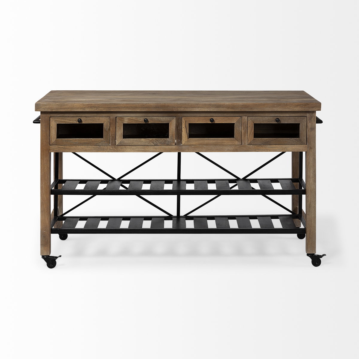 Stuart I Brown Solid Wood Top Two-Tier Black Metal Rolling Kitchen Island, by Mercana, 28" length x 63" width x 34.75" height View 4