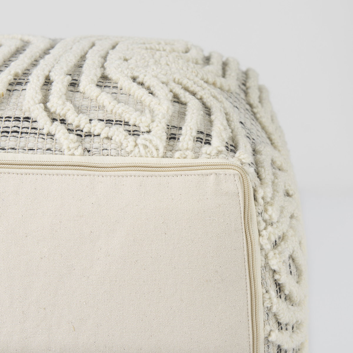 Amaya  Cream/Black/Gray Wool and Cotton Pouf, Ottoman by Mercana, 16" length x 16" width x 16" height View 10