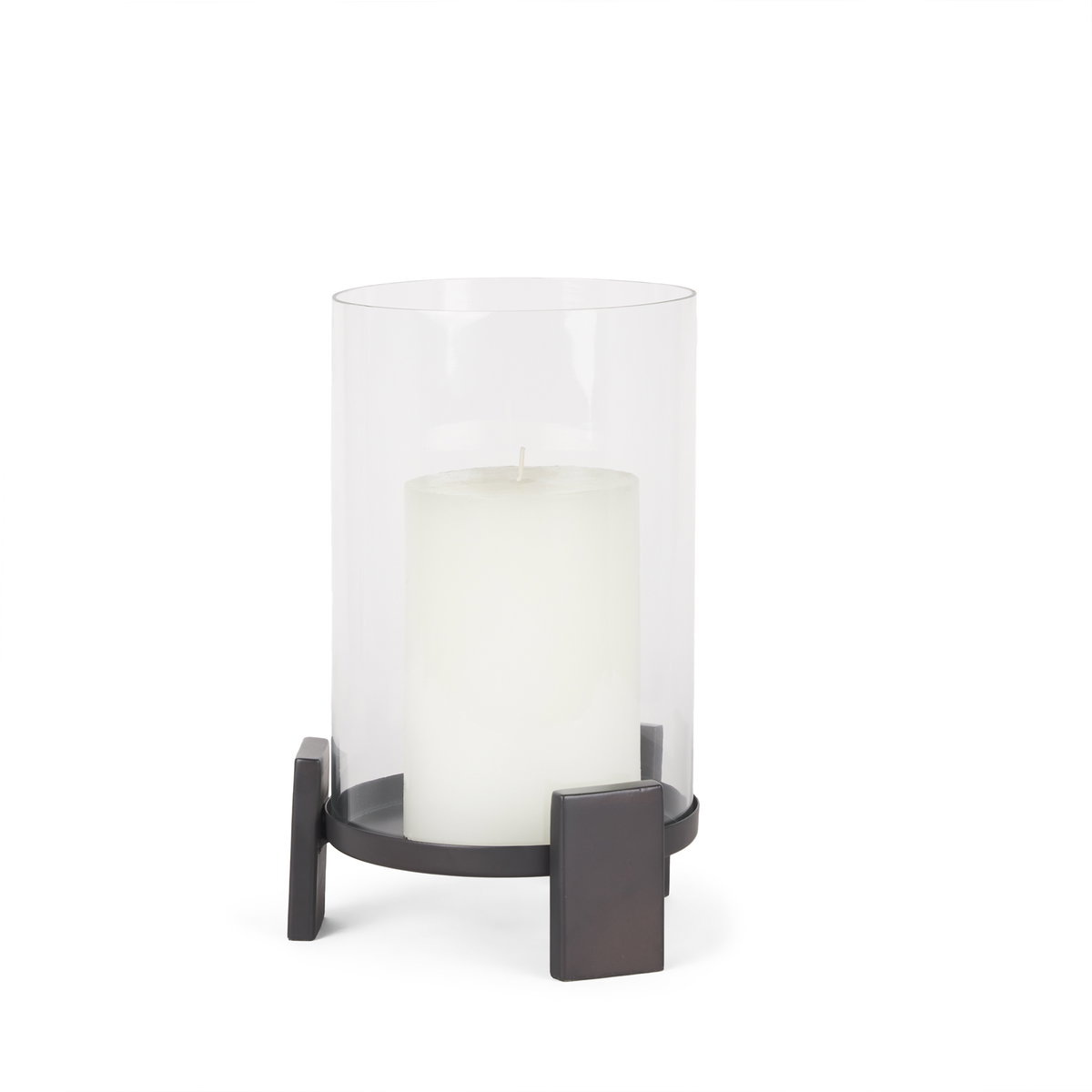 Price Small Matte Black-Brown Metal with Glass Hurricane Candle Holder, Candles & Candle Holder by Mercana, 8" length x 8" width x 11.5" height View 1