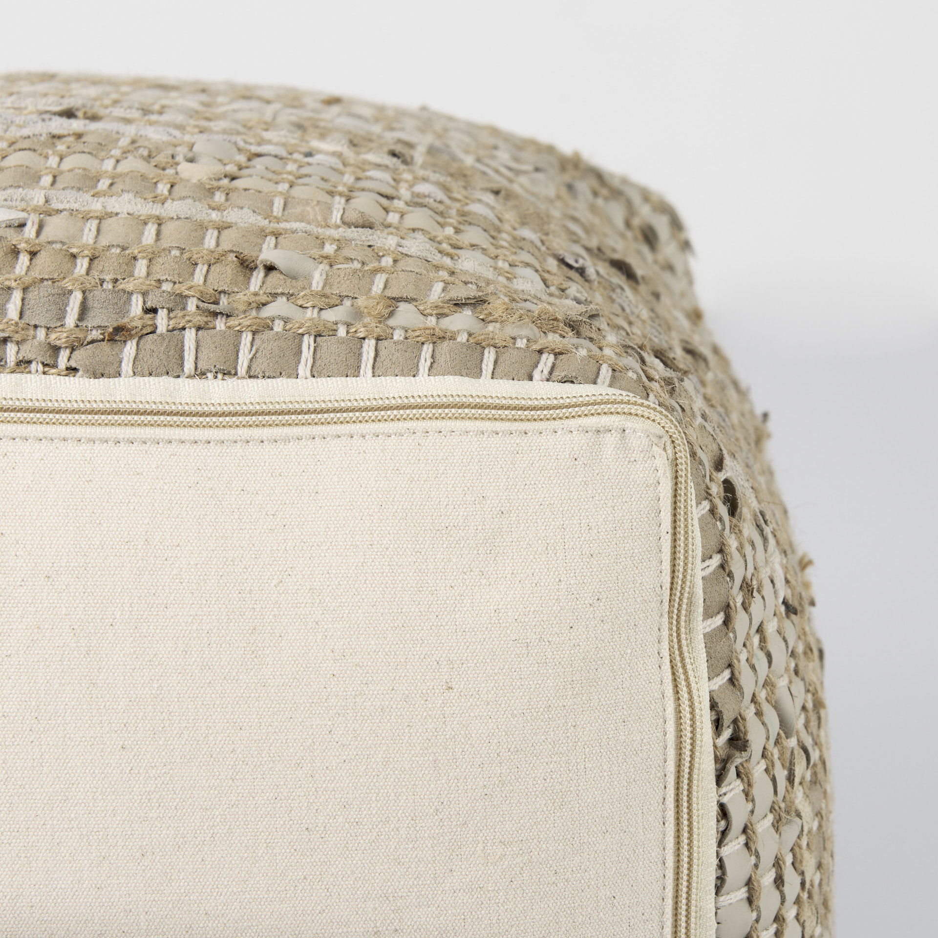 Aalia  Beige Leather and Jute Pouf, Ottoman by Mercana, 16" length x 16" width x 16" height View 9
