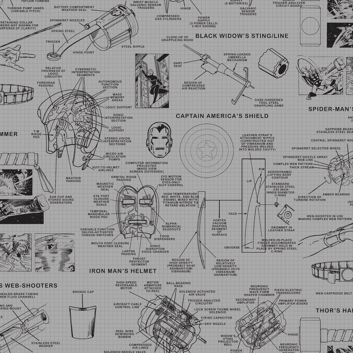 Marvels Heroes Schematics Grey & Black Wallpaper, by York Wall, 33' length x 1'8.5" width x 0.02" depth