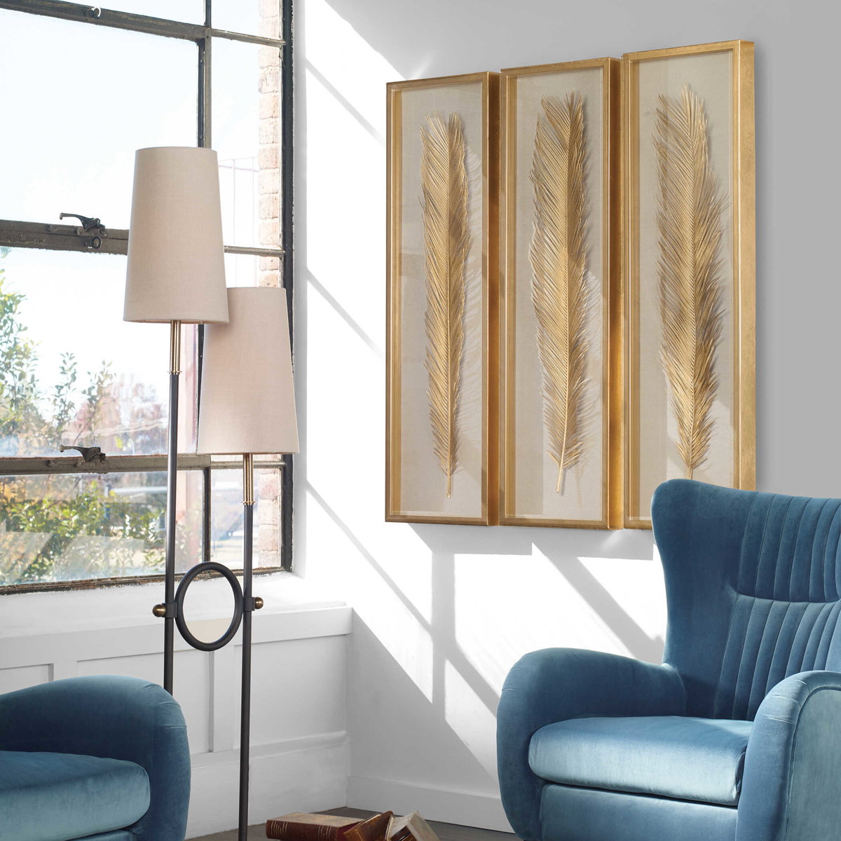 Palma Gold Leaf Shadow Box Set/3, Art by Uttermost, 14" width x 48.25" height x 2.62" depth View 2