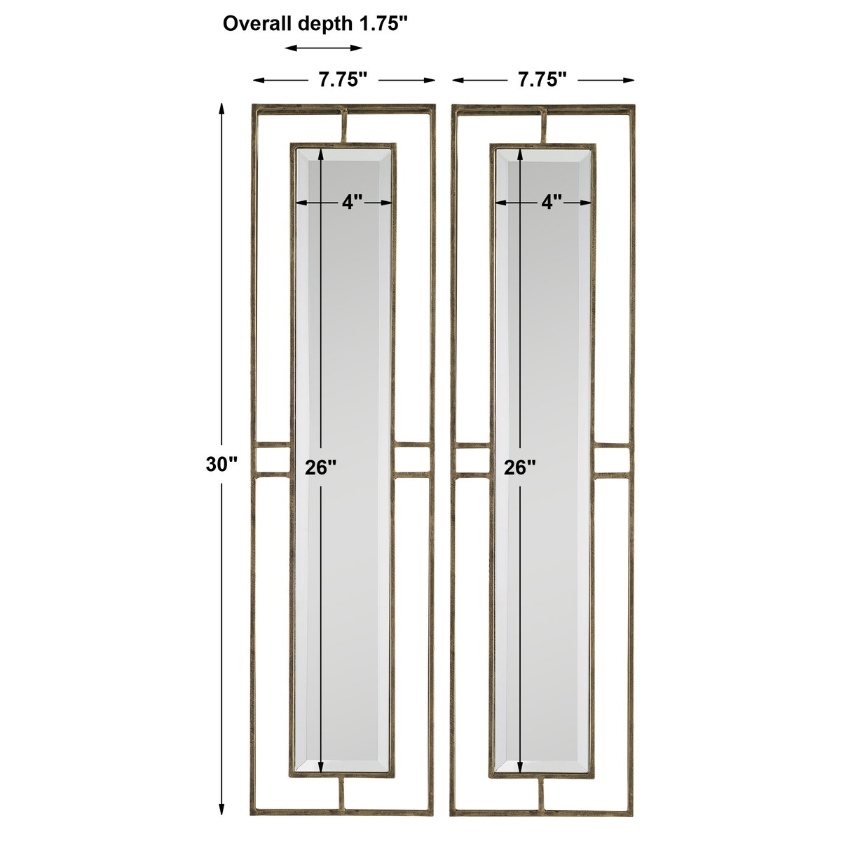 Rutledge Gold Mirrors Set/2, by Uttermost, 7.75" width x 30" height x 1.75" depth View 3