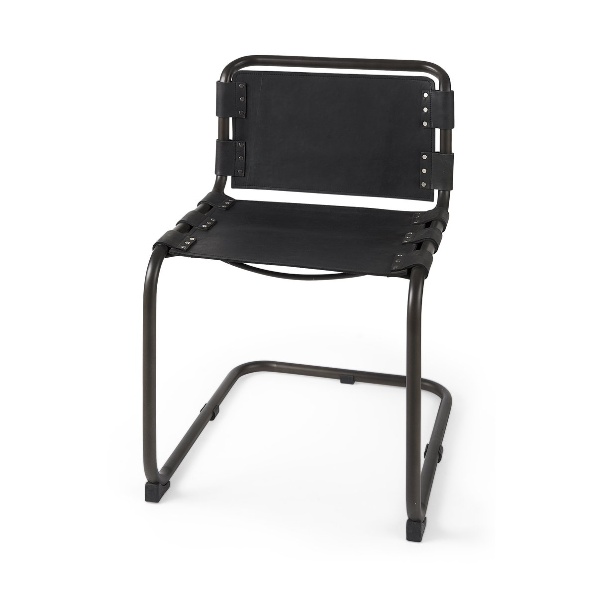 Berbick Open Back Dining Side Chair | Black Leather with Iron, Dining Chair by Mercana, 20.5" length x 24" width x 33" height View 1