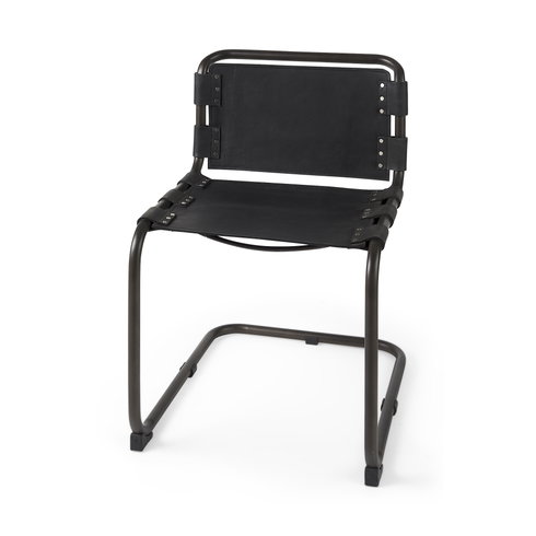 Berbick Open Back Dining Side Chair | Black Leather with Iron