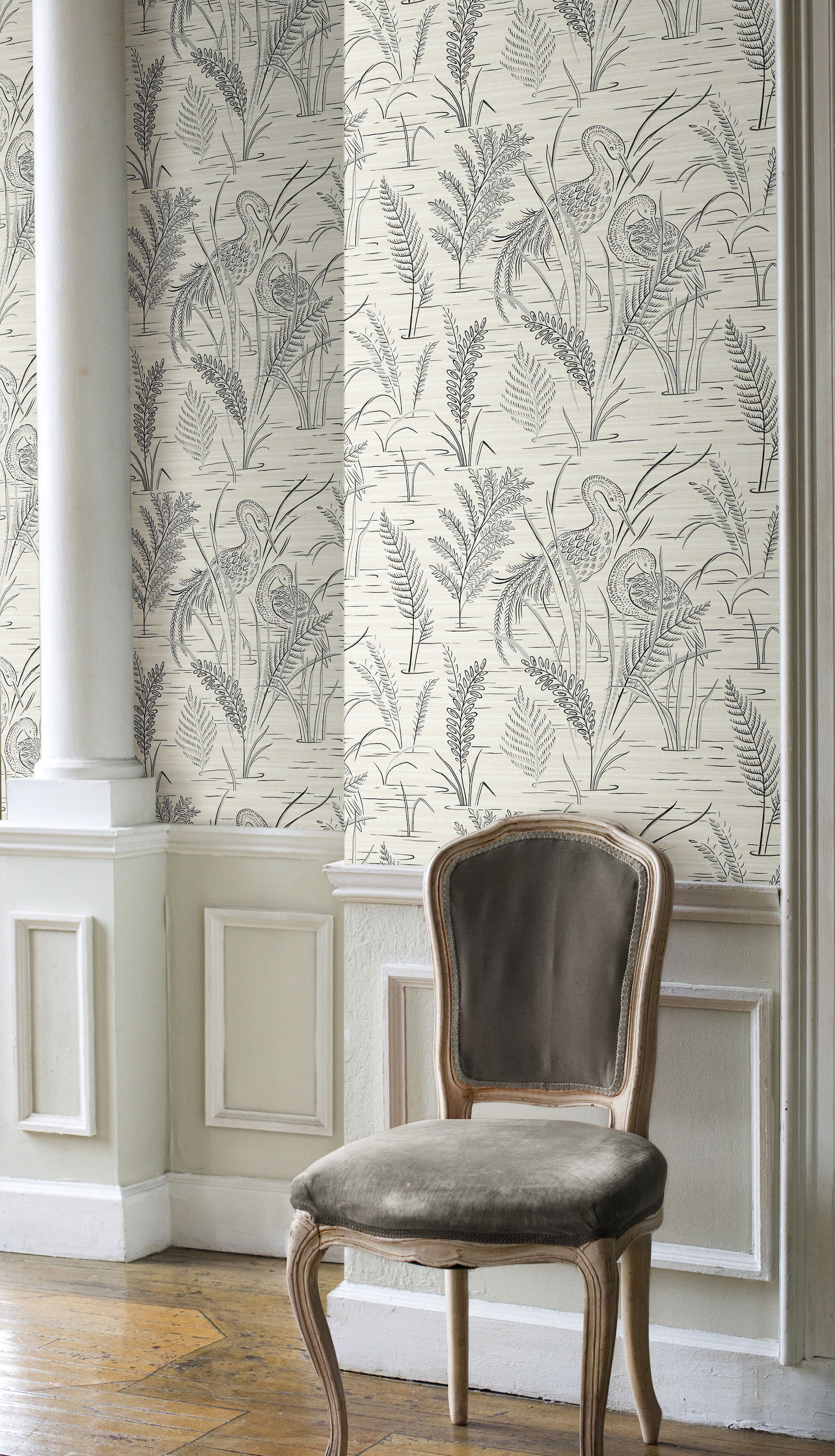 Fernwater Cranes Black & Grey Wallpaper large image 