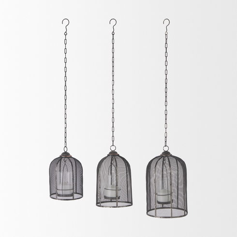 Jutland Set of Three Black Metal Bird Cage Candle Holder Lanterns