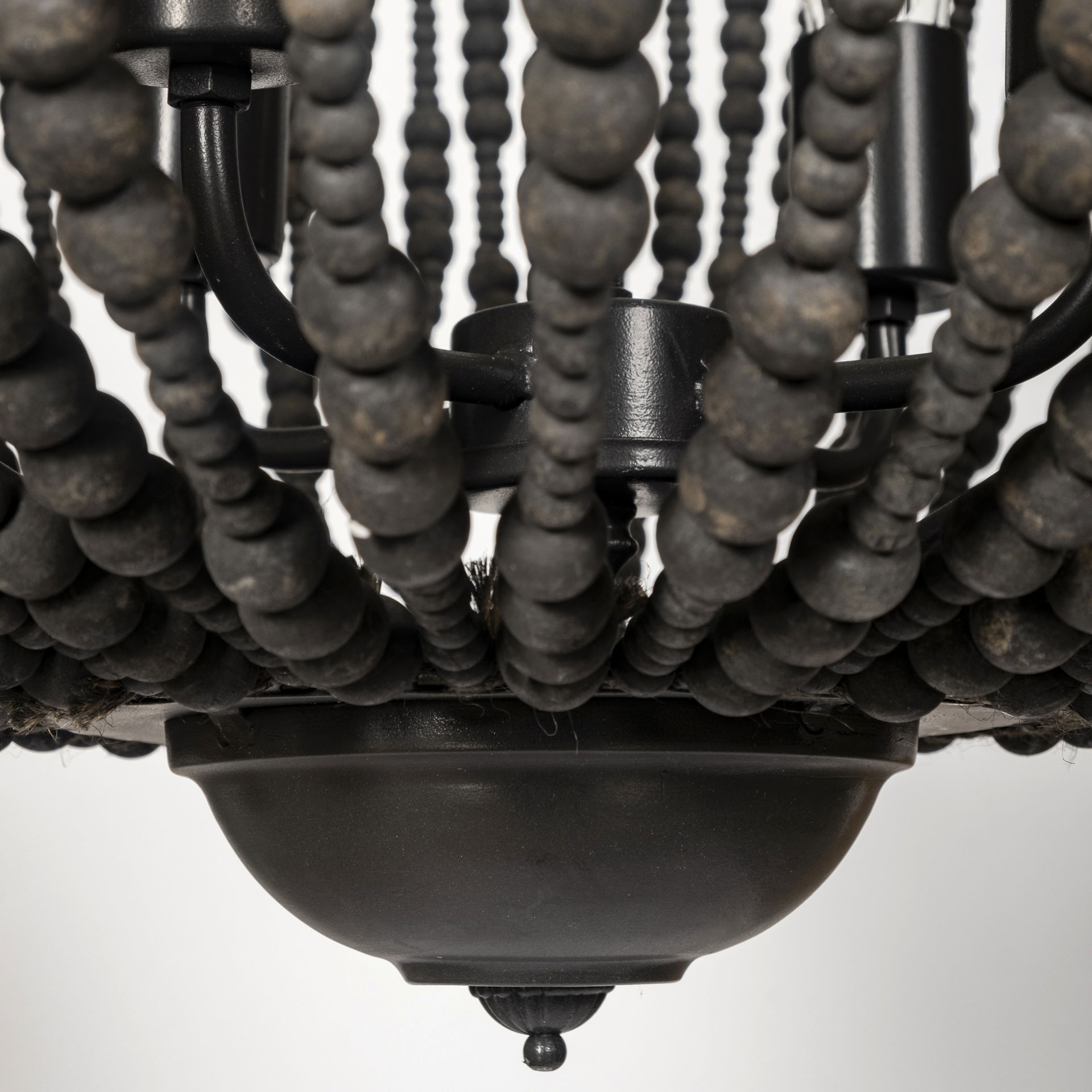 Liam I 32x30 Black Wooden Bead Bowl-Style Four Bulb Chandelier, by Mercana, 32.28" length x 32.28" width x 30" height View 11