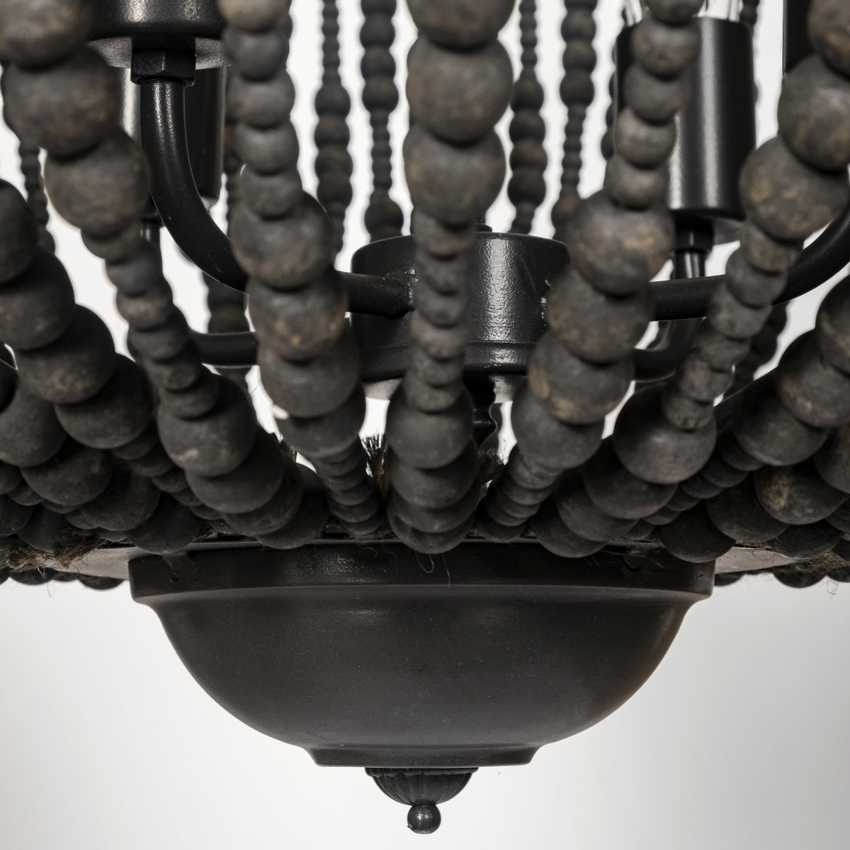 Liam I 32x30 Black Wooden Bead Bowl-Style Four Bulb Chandelier, by Mercana, 32.28" length x 32.28" width x 30" height View 11