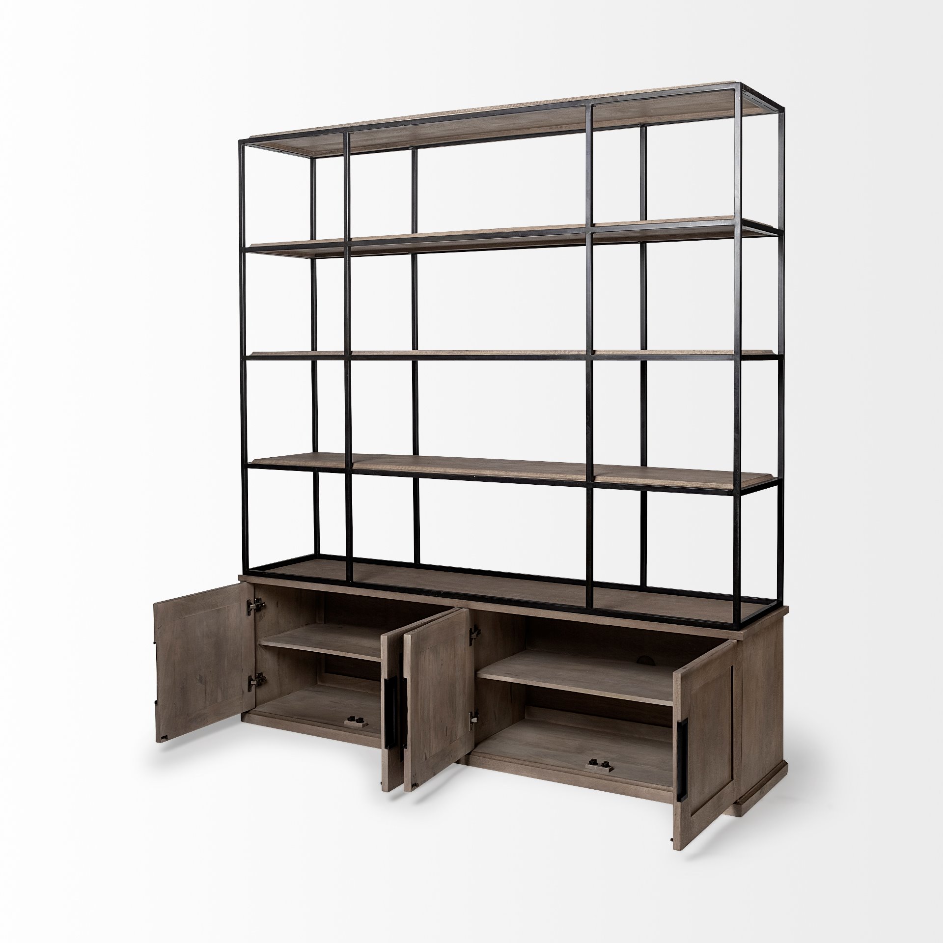 Braxton I Light Brown Wood and Iron Three Shelf Shelving Unit 81.5L x 18.5W x 90, Shelving & Bookcase by Mercana, 81.5" length x 18.5" width x 90" height View 5