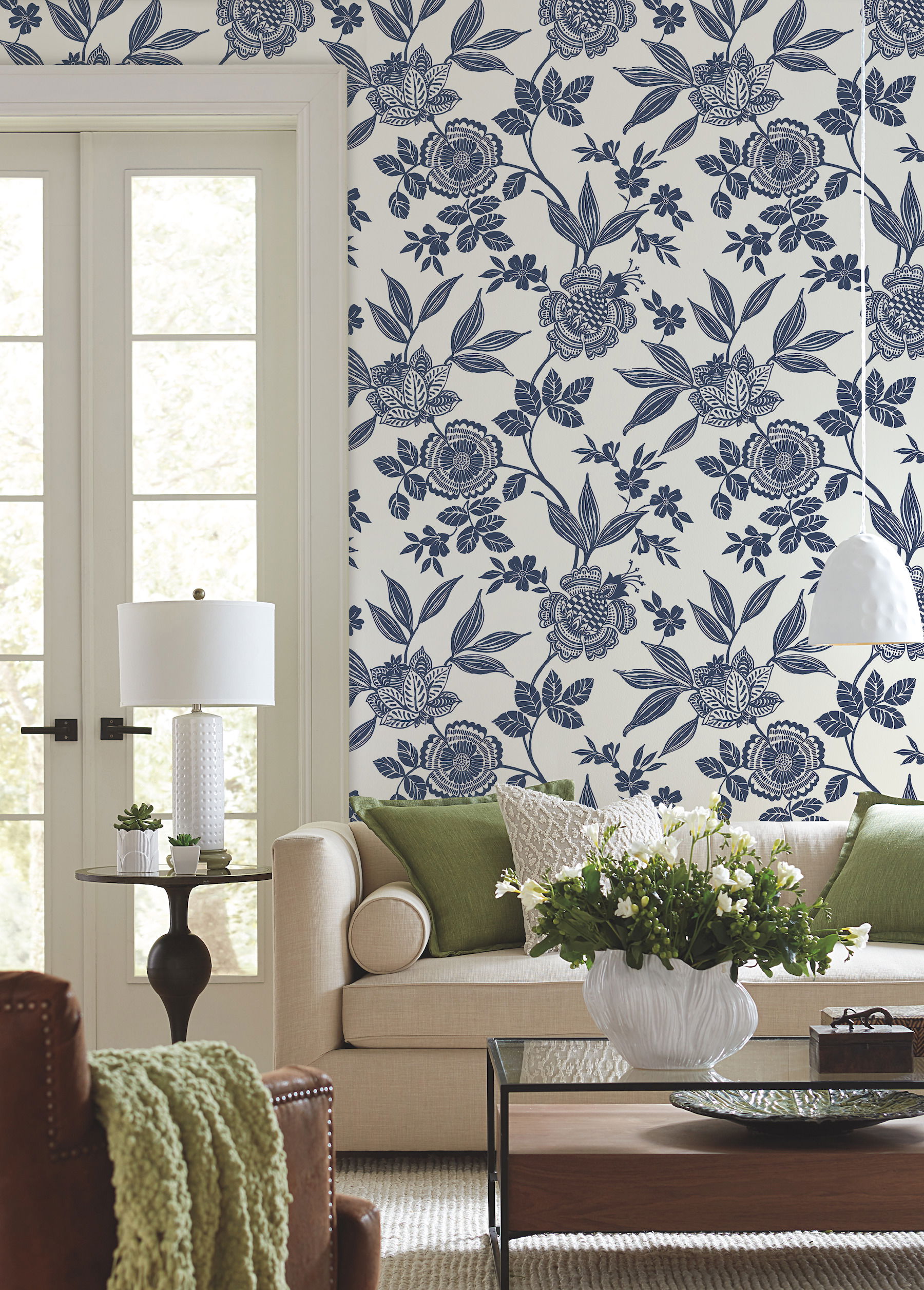 Wood Cut Jacobean Navy Wallpaper large image 