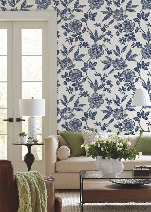 Wood Cut Jacobean Navy Wallpaper