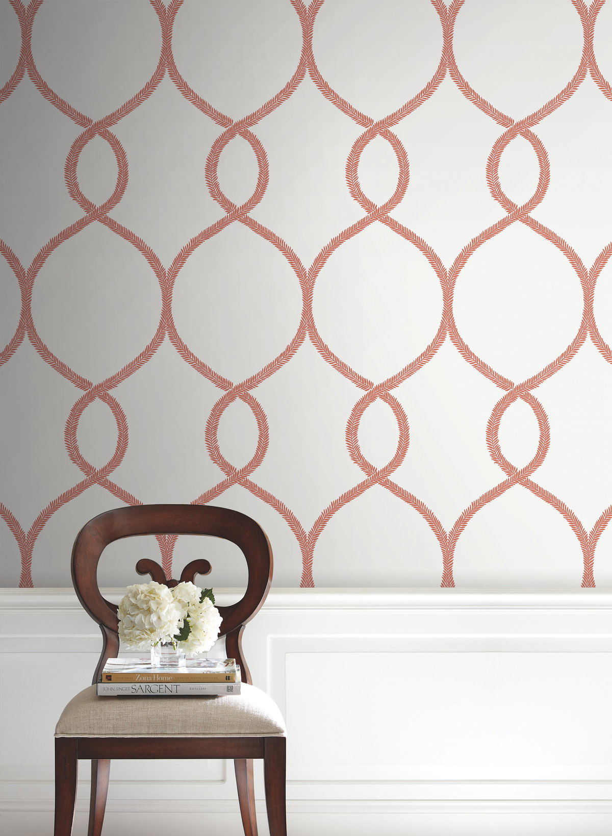 Laurel Leaf Ogee Orange Wallpaper, by York Wall, 27' length x 2'3" width x 0.02" depth View 2
