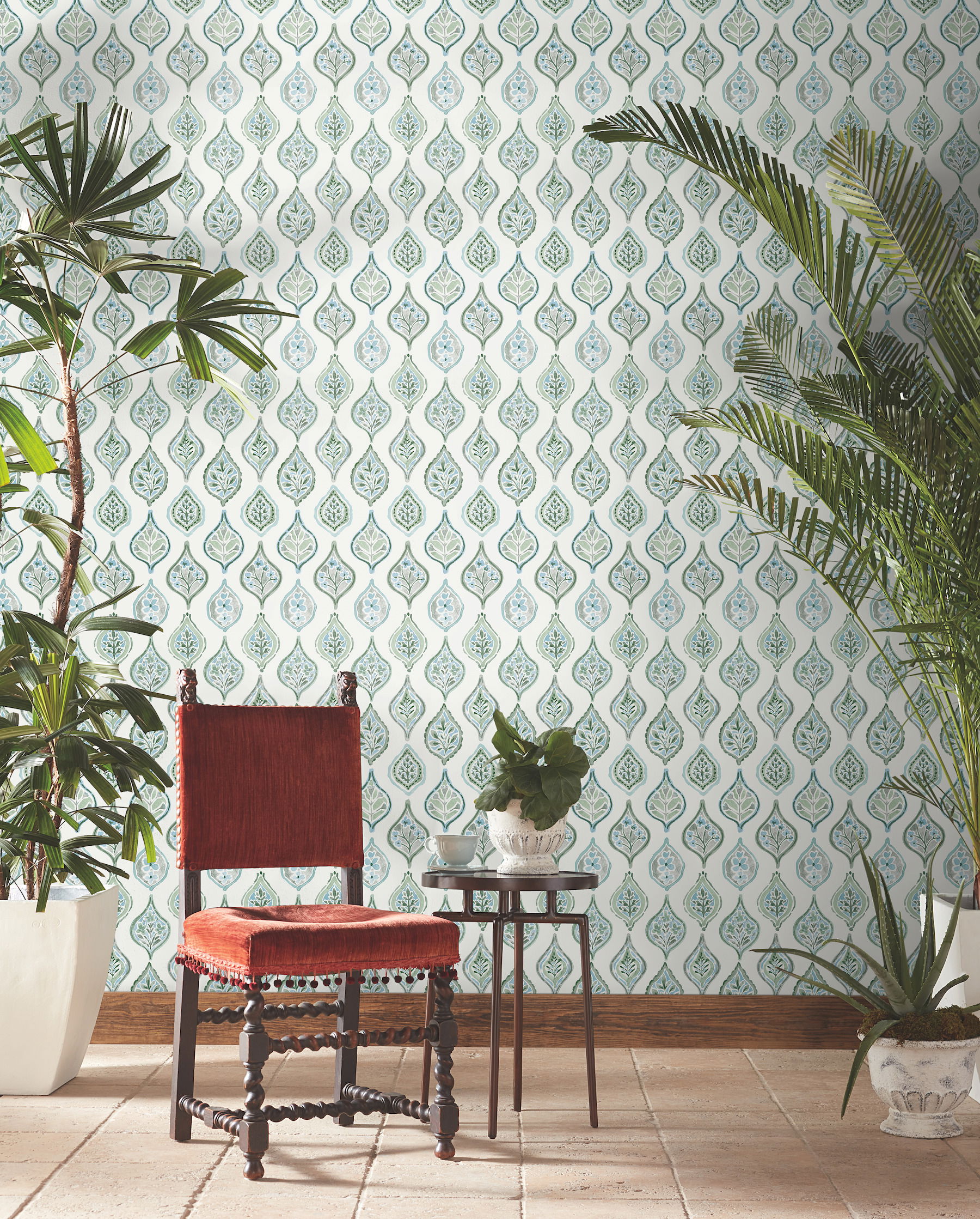 Marketplace Motif Pale Grey & Green Wallpaper large image 