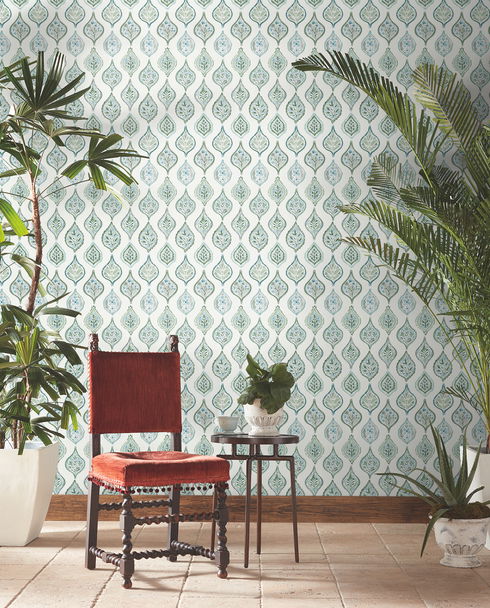 Marketplace Motif Pale Grey & Green Wallpaper