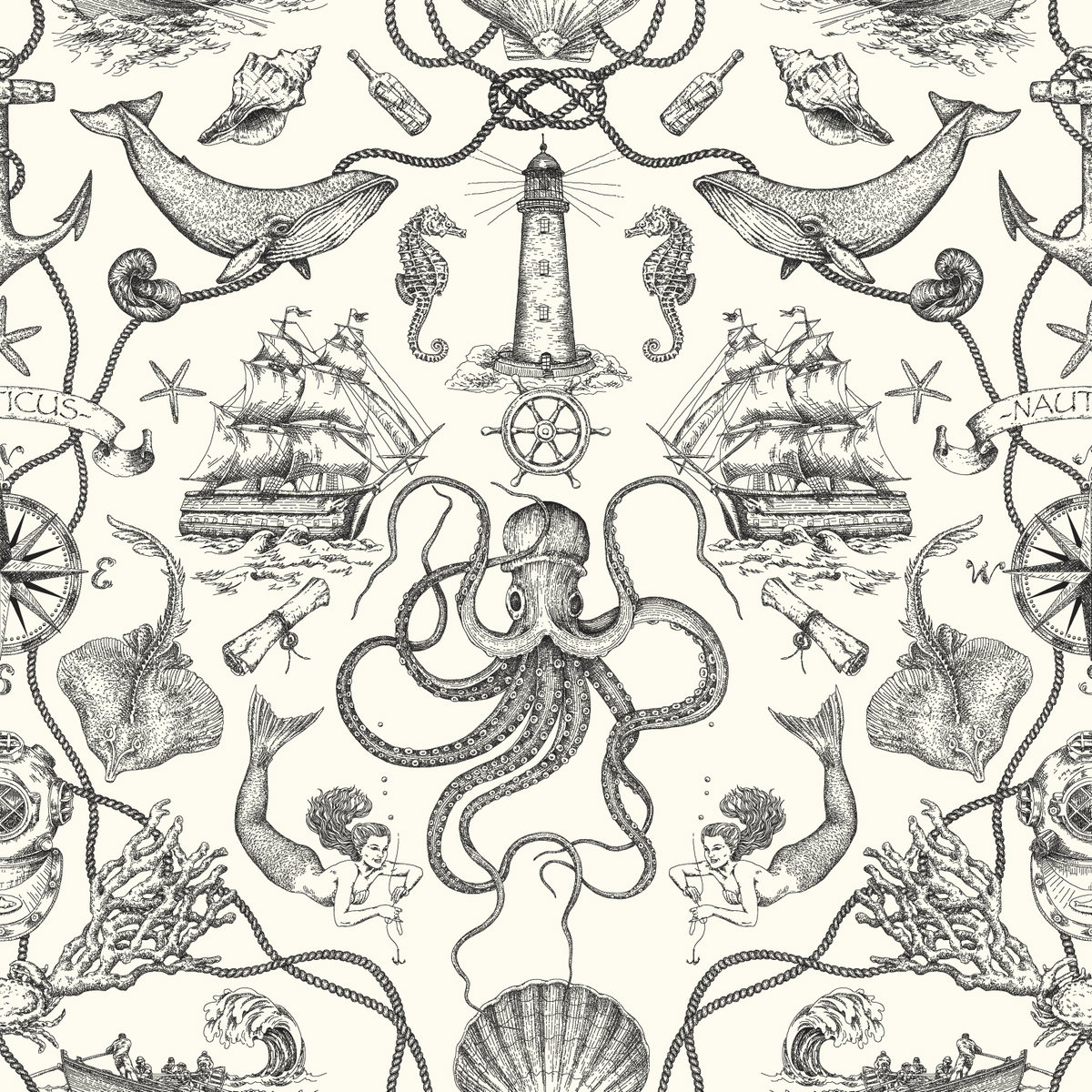 Deep Sea Toile Black Wallpaper, by York Wall, 33' length x 1'8.5" width x 0.02" depth