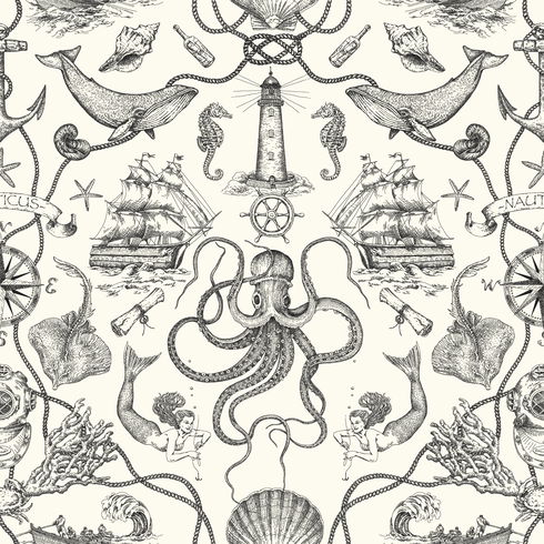 Deep Sea Toile Black Wallpaper