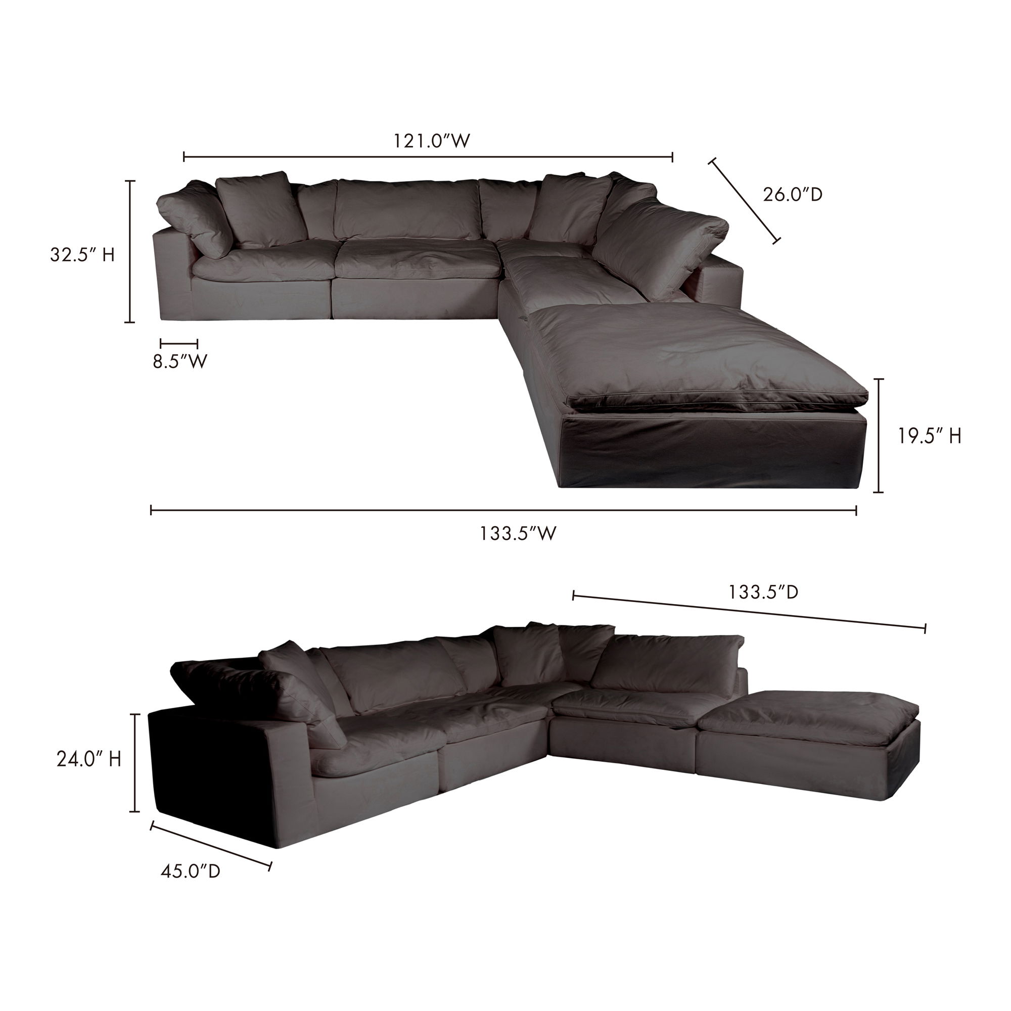 Clay Dream Modular Sectional Light Grey, Sectional Sofa by Moe's Home, 133.5" width x 32.5" height x 133.5" depth View 3