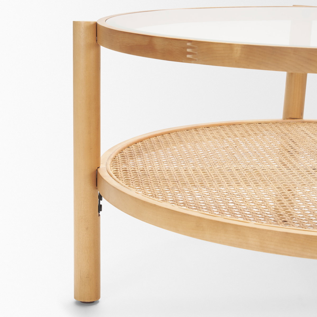 Weslyn Solid Light Brown Wood and Glass Top with Cane Coffee Table, by Mercana, 34.25" length x 34.25" width x 17.25" height View 8